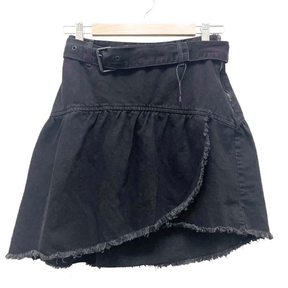 Zara Black Denim Jean Skirt Asymmetric Raw Hem Belted Size Small NEW Y2K Emo